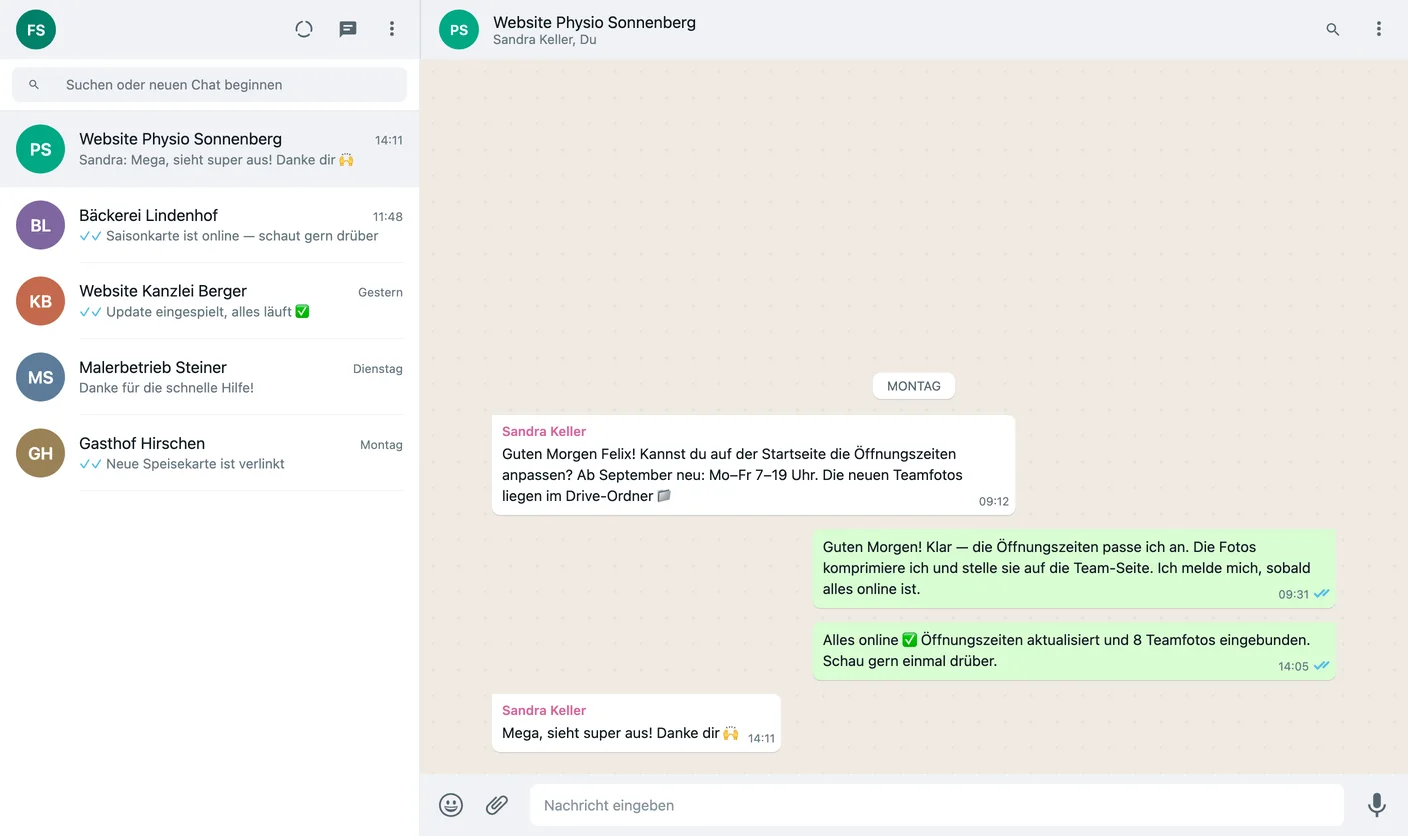 WhatsApp conversation from an ongoing website care plan — change request, reply, and completion