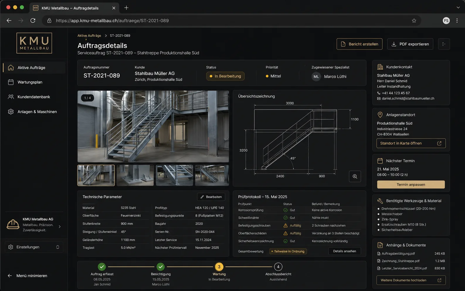 Auftragsdetail-Ansicht einer individuellen Auftragsverwaltungs-Web-App für einen Metallbau-Betrieb — technische Parameter, Prüfprotokoll und Termine
